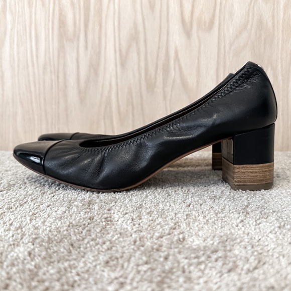 AGL Cap Toe Black Leather Pump Elastic Topline Block Heel - Picture 5 of 15